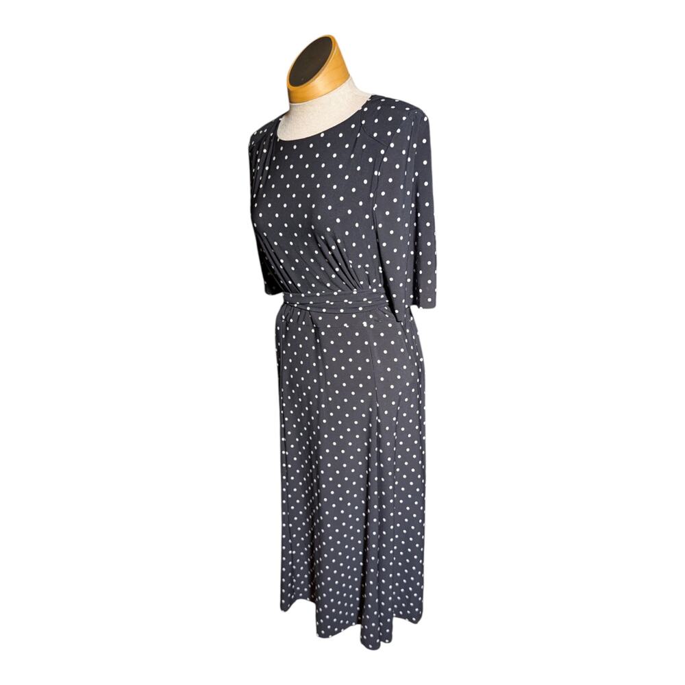 Anne Klein Black White Stretch Jersey Knit Polka Dot Tie Waist Midi Dress Sz 10